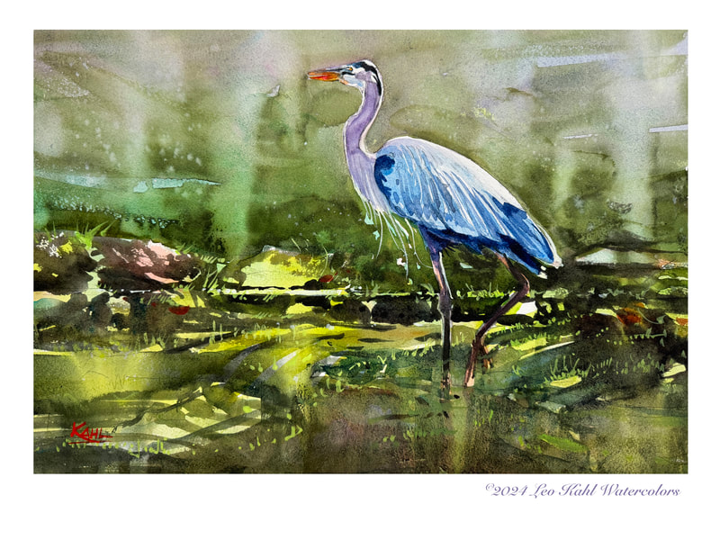 A blue heron stands in a bright green grassy pond