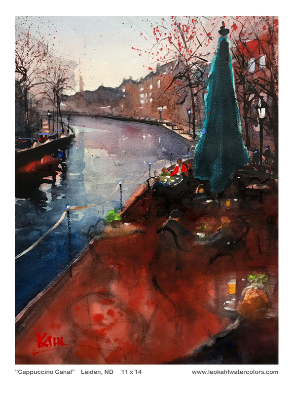 Watercolor painting of cafe on canal in Leiden Holland by artist Leo Kahl