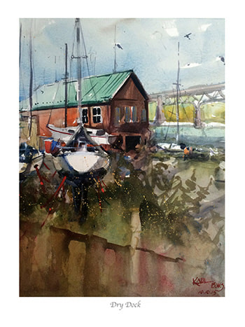 Watercolor painting of a sailboat on metal supports in Havre De Grace Maryland by artist Leo Kahl