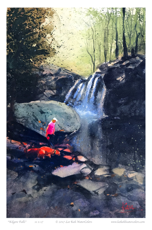 Watercolor painting of woman and dog at Kilgore Falls by Leo Kahl
