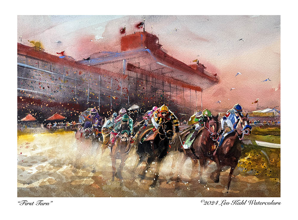 Thoroughbred race horses round the first turn at Pimlico Racecourse