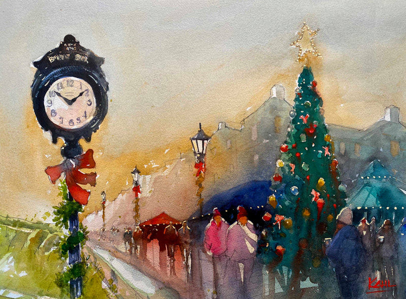 Watercolor painting of holiday decorations and people on Bethany Beach Delaware boardwalk