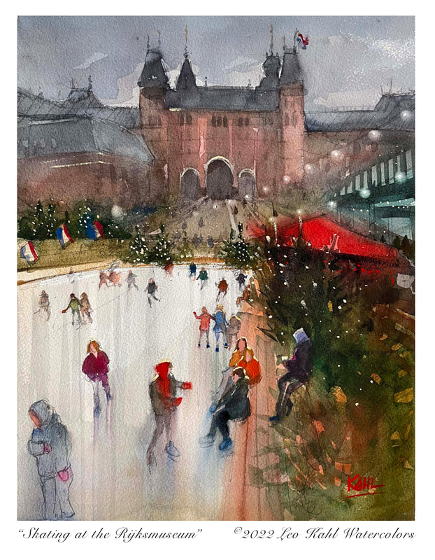 Watercolor painting of children ice skating in Amsterdam