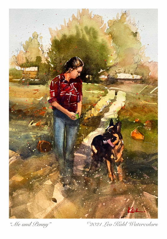 Watercolor painting of a teenage girl in pumpkin patch with a German Shepherd