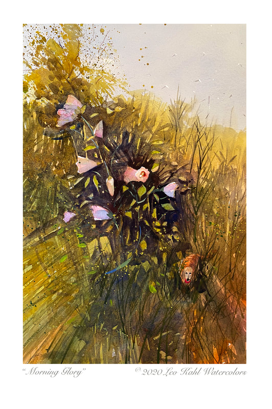 Watercolor painting of pink marsh flowers and a Golden retriever