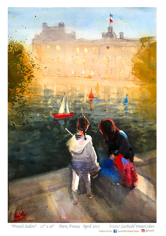 Watercolor painting of mother and daughter at the Jardin du Luxembourg sailing toy boats