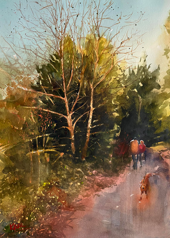 Watercolor painting of a couple and their dog walking along pine needle trail in Delaware state park