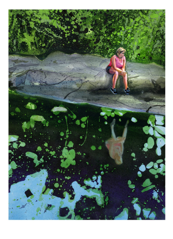 Watercolor painting of a woman sitting on rock with her reflection in a pool of dark water