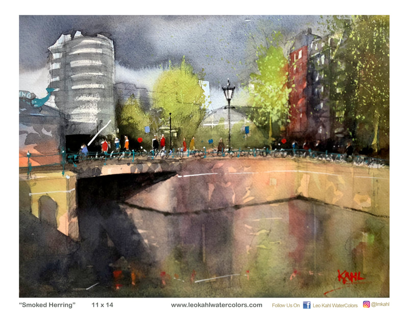 Watercolor painting of bicyclists on bridge over canal in Leiden Holland