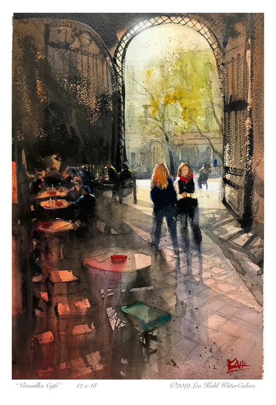 Watercolor painting of two women in Versailles cafe