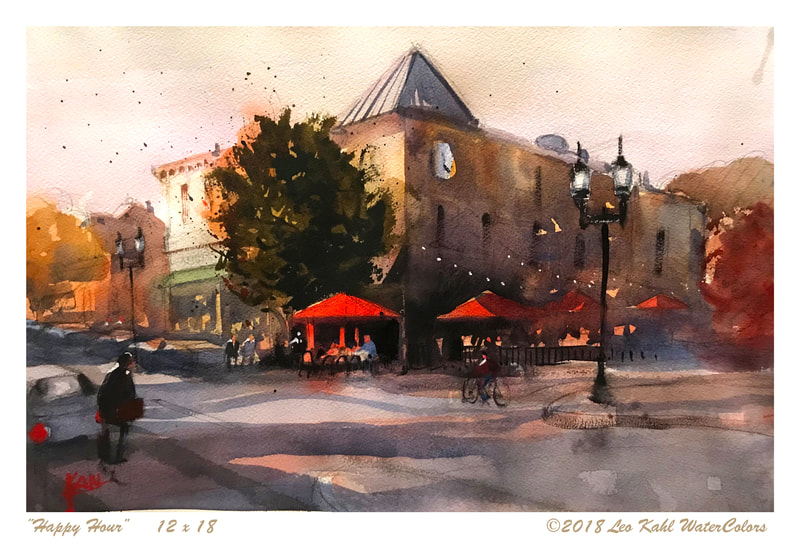 Watercolor painting of restaurant with red umbrellas