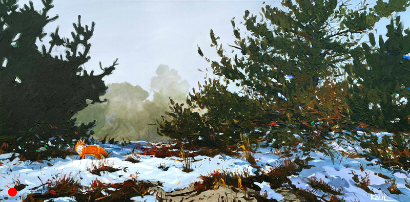Painting of red fox on snow covered Delaware beach dunes