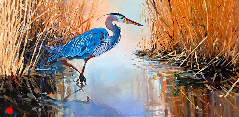 Painting of a blue heron and turtle