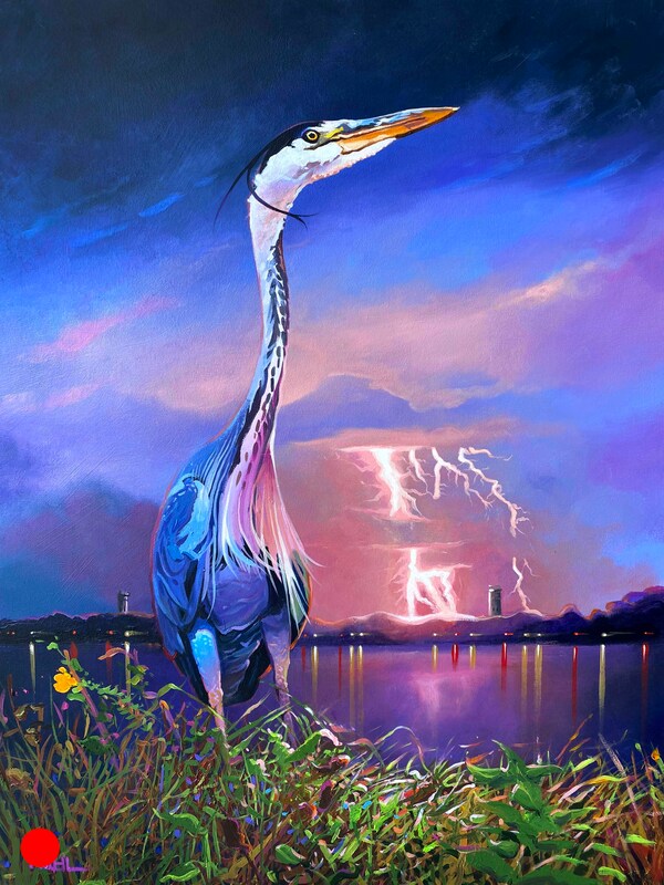 Painting of blue heron with lightning storm