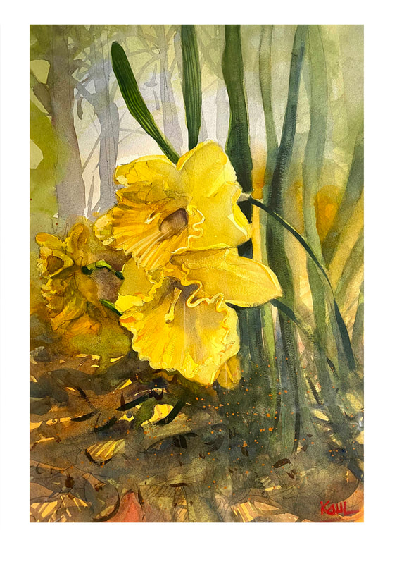 Watercolor painting of yellow daffodils blooming in the woods