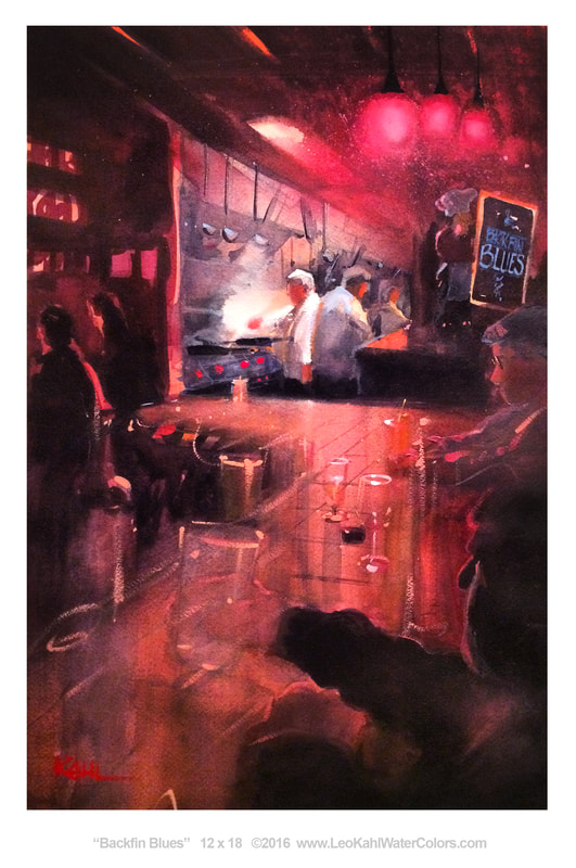 Watercolor painting of chef cooking by watercolor artist Leo Kahl
