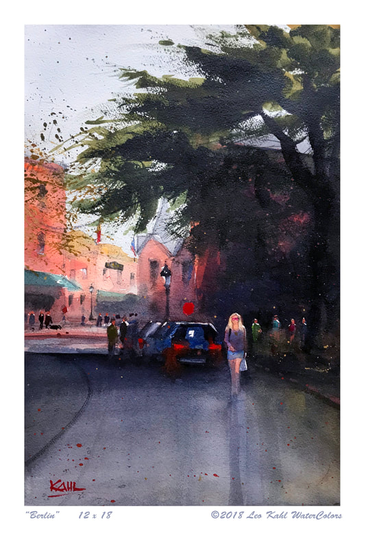 Watercolour painting of woman walking in Berlin Maryland