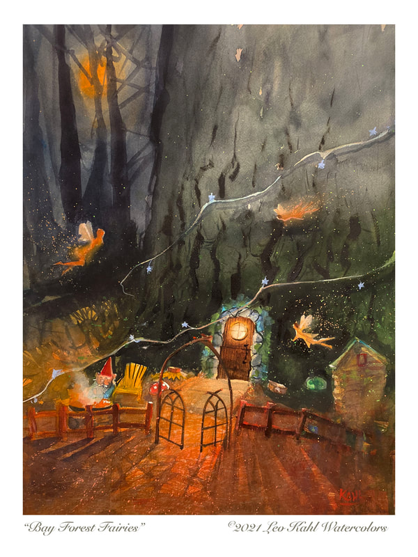 Watercolor painting of a child's fairy garden at the base of a large tree