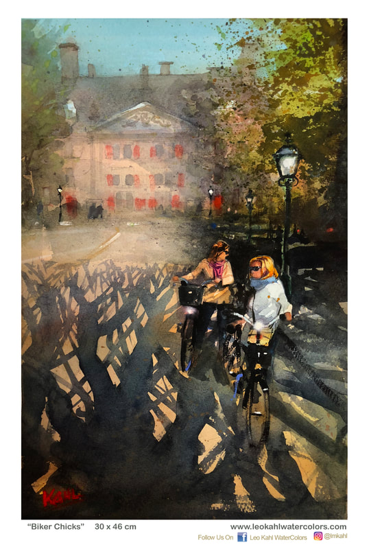 Watercolor painting of two women on bicycles in Leiden Holland by watercolor artist Leo Kahl