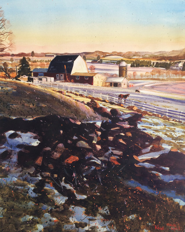 Watercolor painting of a Maryland horse farm in winter by artist Leo Kahl