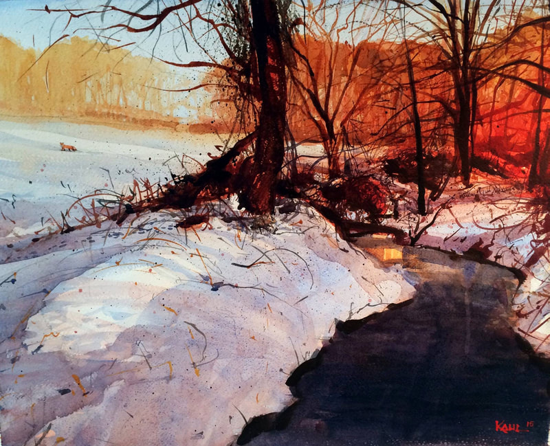 Watercolor painting of a snow covered winter field and woods with red fox and rabbit by artist Leo Kahl