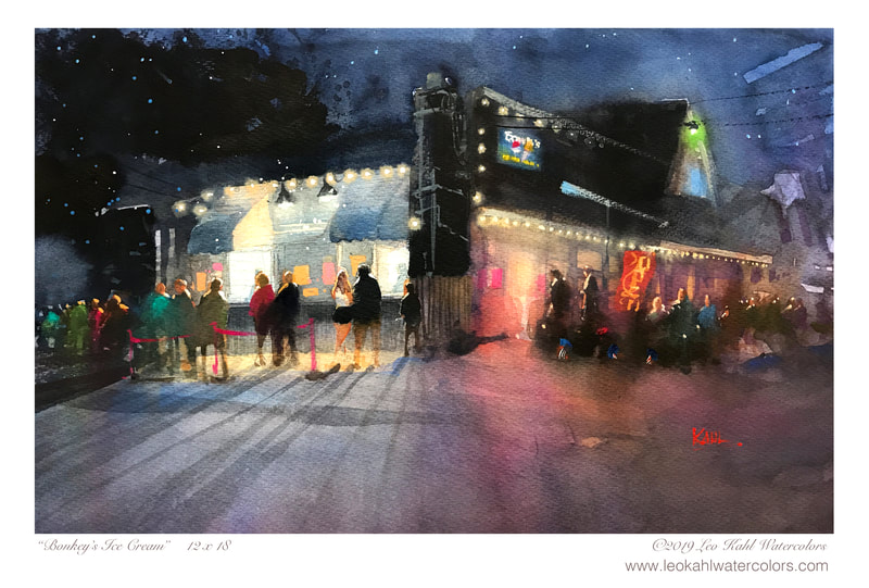 Watercolor painting of people lined up at night to buy ice cream