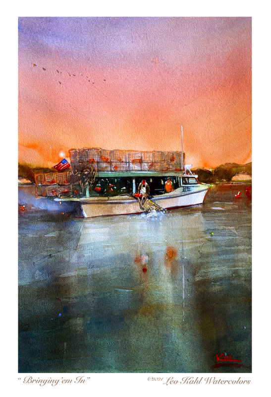 Watercolor painting of a father and son on a white commercial crabbing boat
