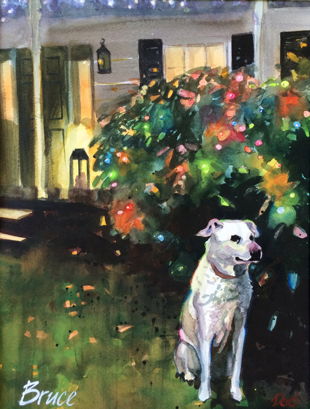Watercolour painting of white labrador dog in front of home with holiday lights by artist Leo Kahl