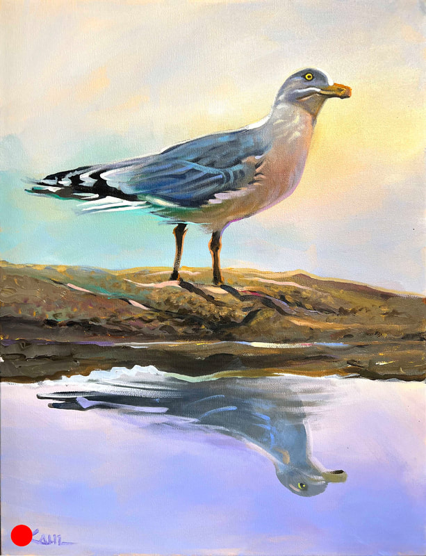 Painting of a seagull standing on beach