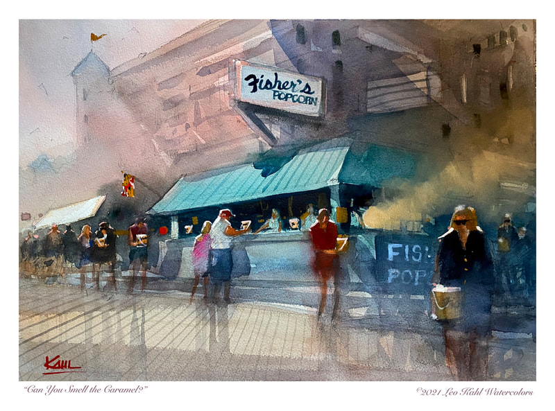 Watercolor painting of a caramel popcorn stand on Ocean City Maryland boardwalk