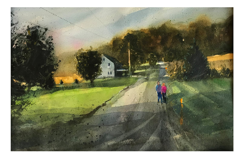 Watercolor painting of married couple walking along a rural Pennsylvania road by artist Leo Kahl
