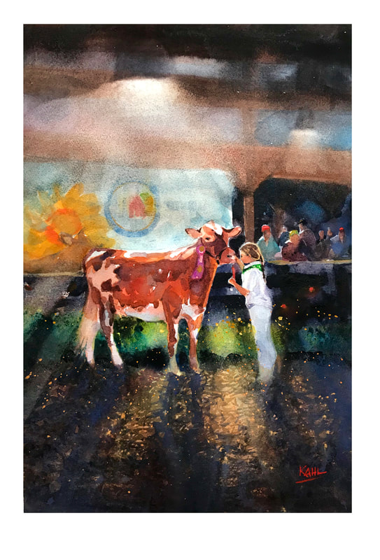 Watercolour painting of young girl with her prize winning cow at a 4H farm fair by artist Leo Kahl