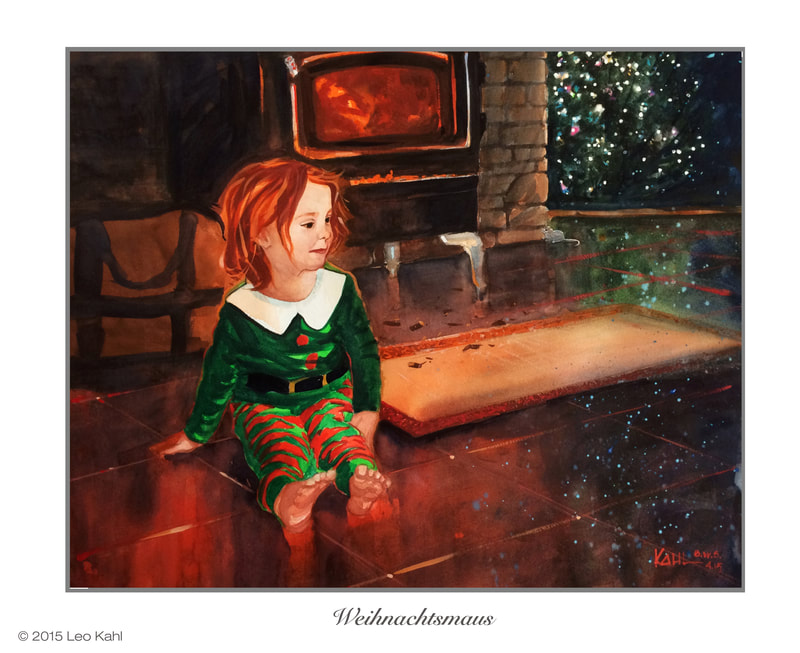 Watercolor painting of little red haired girl in elf pajamas during Christmas holidays by artist Leo Kahl