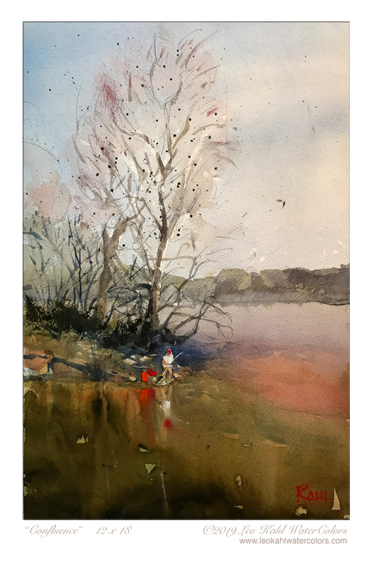Watercolour painting of man fishing at confluence of two rivers