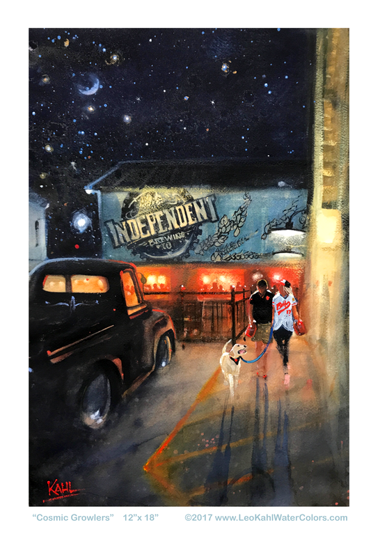 Watercolor painting of couple and their dog leaving a Maryland micro brewery at night by artist Leo Kahl