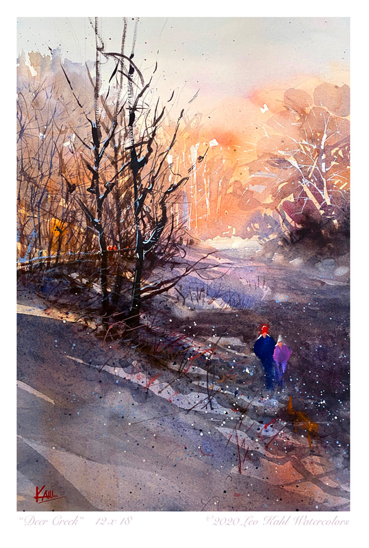 Watercolor painting of a snow covered river with couple walking together