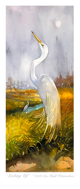 Watercolor painting of a white egret and blue heron in a winter marsh