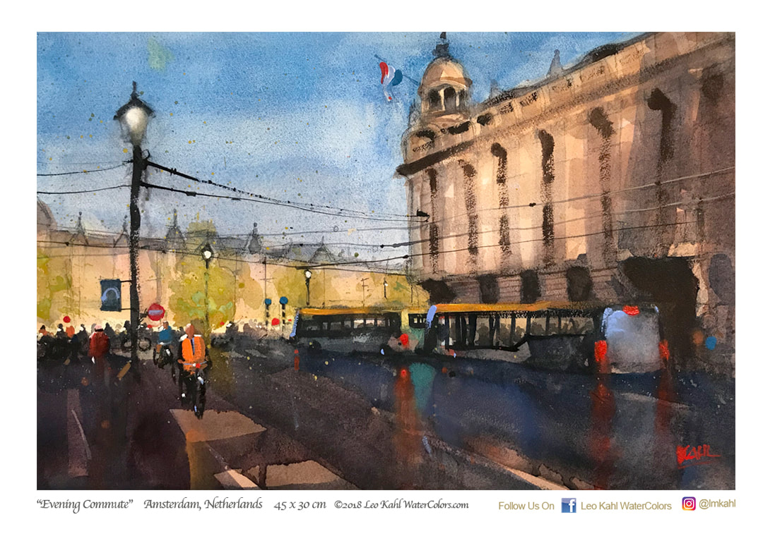 Watercolor painting of train station in Amsterdam during evening rush hour with bicyclists by artist Leo Kahl