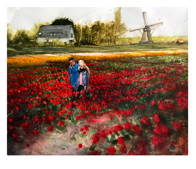 Watercolor watercolour painting of couple walking through red tulip field in Holland