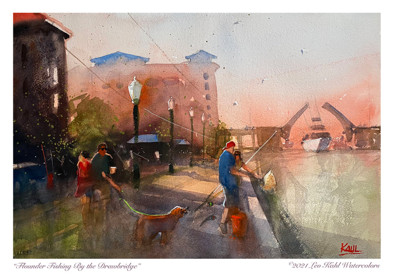 Watercolor painting of young men fishing in Ocean City Maryland