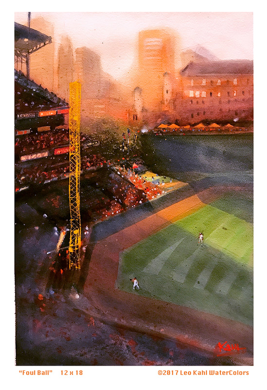 watercolor watercolour painting of Baltimore Orioles baseball game at Camden Yards baseball park in summer