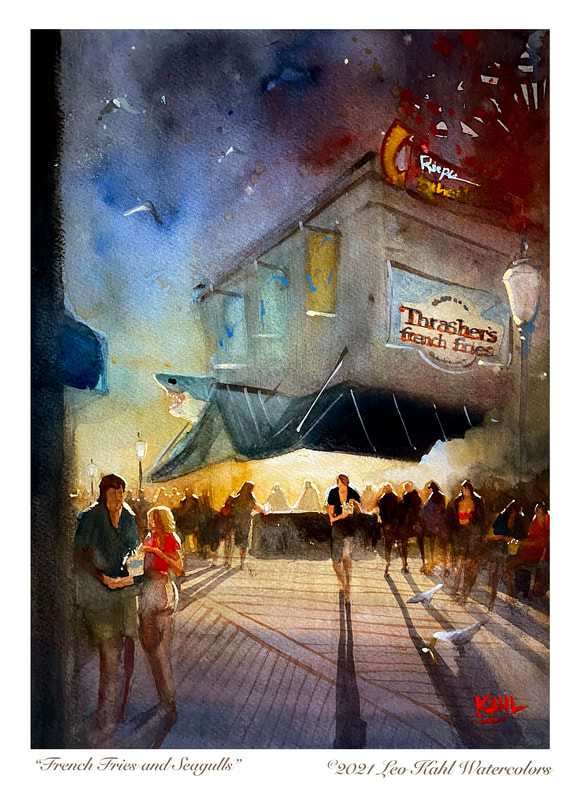 Watercolor painting of a french fry stand on boardwalk in Ocean City Maryland