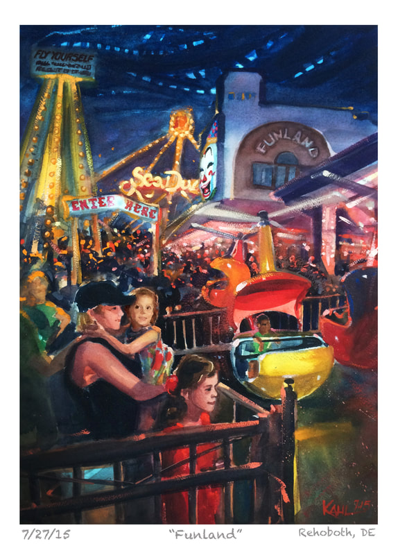 Watercolor painting woman holding child at amusement park