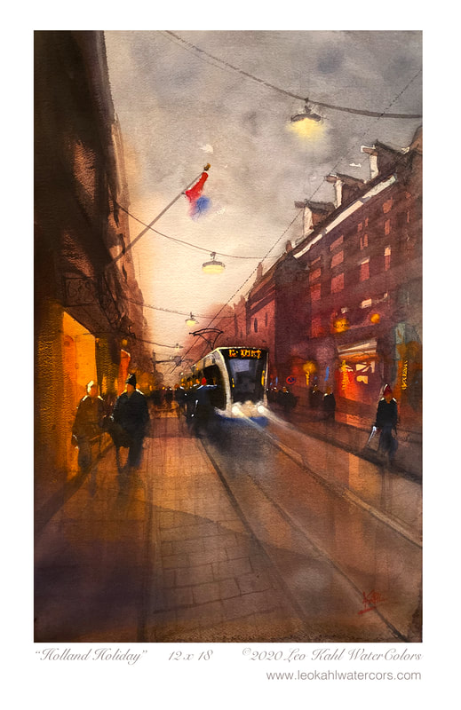 Watercolor painting of street trolleys night in Amsterdam during the holidays