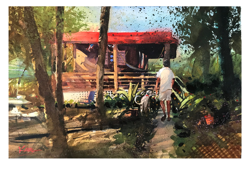 Watercolor painting of man and dog at their home on beach in Puerto Rico by Leo Kahl
