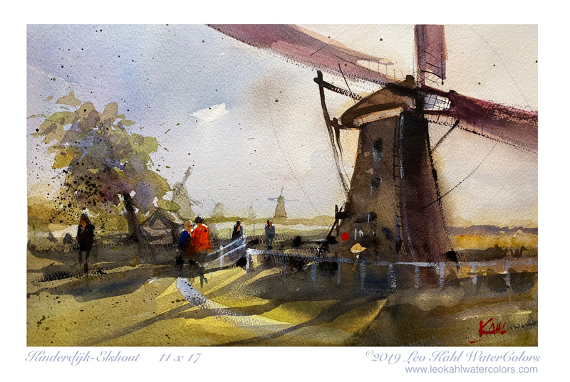 Watercolor painting of Kinderdijk-Elshout windmills