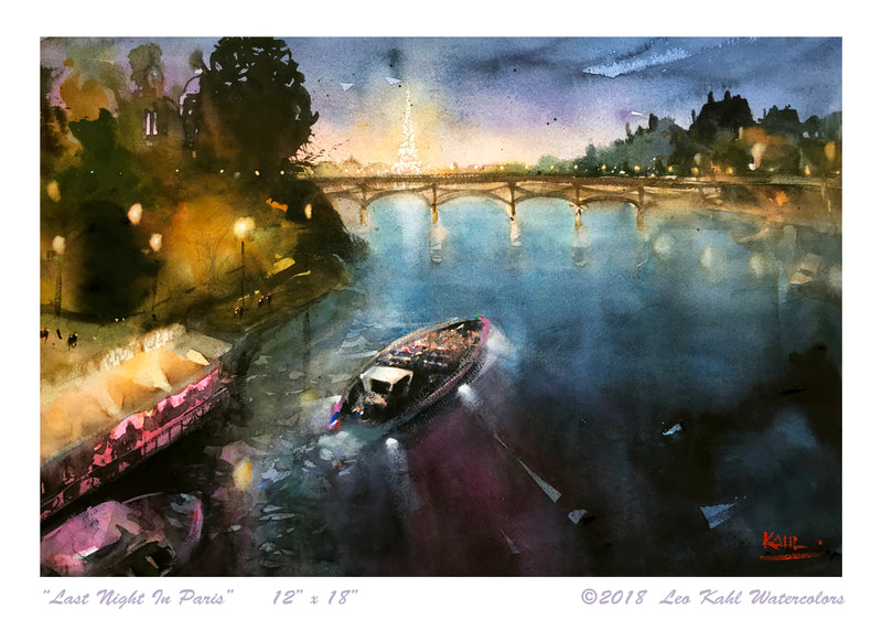Watercolor painting of the Seine river at night with Eiffel Tower by Leo Kahl