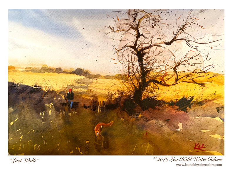 Watercolor painting of dead tree in autumn field with man walking with his dog
