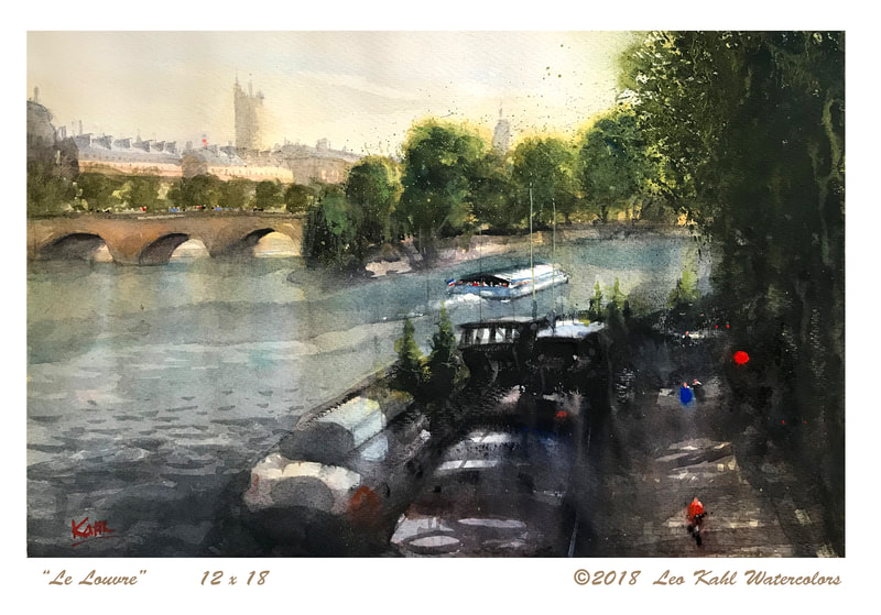 Watercolor painting of boats on Seine river with the Louvre museum in background by Leo Kahl