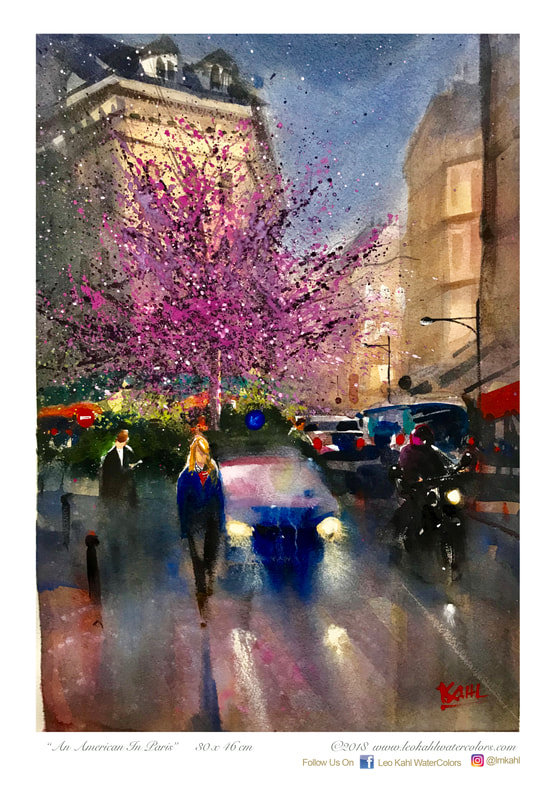 Watercolor painting of young American on Paris street by Leo Kahl